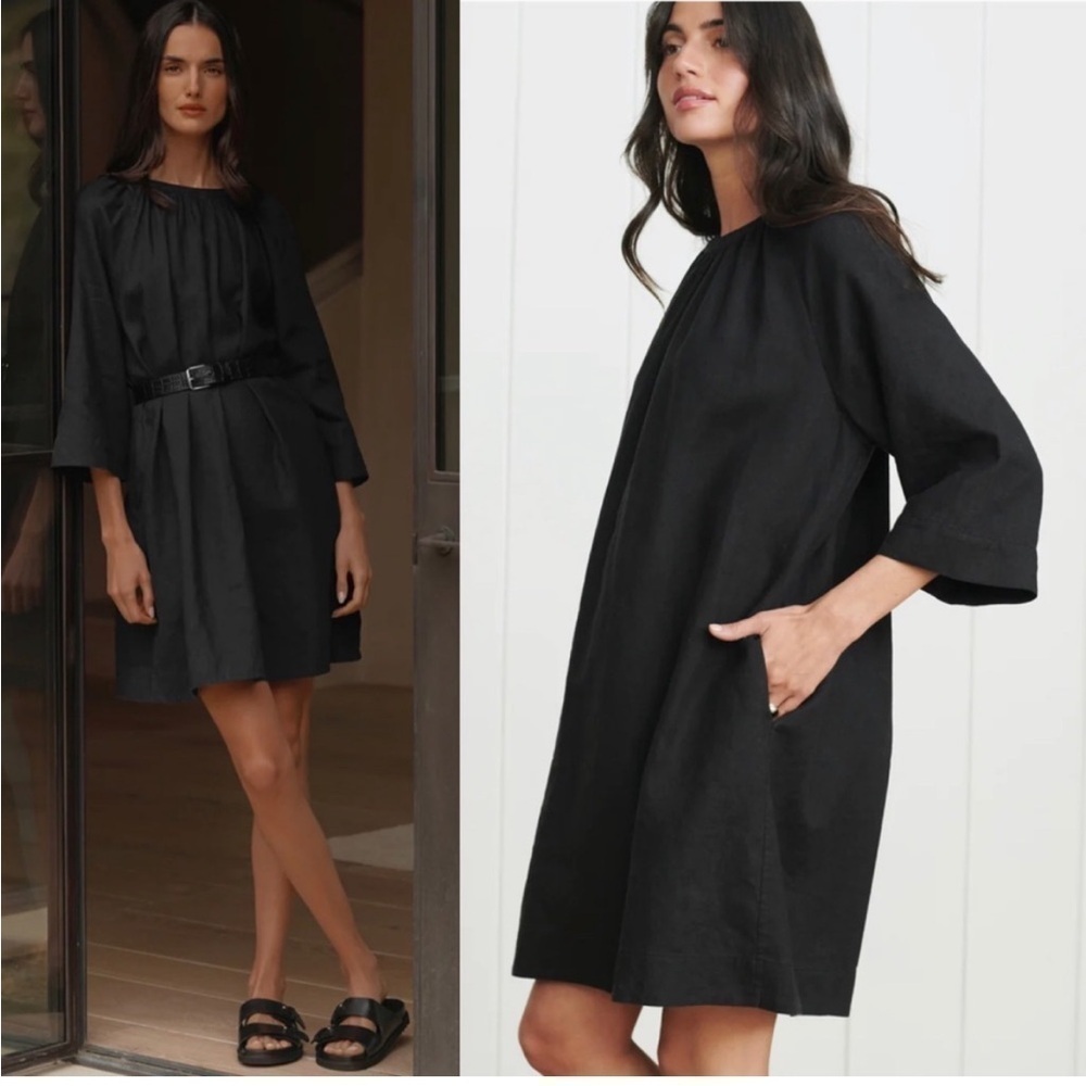 Jenni Kayne Linen August Dress Black extra small XS pockets Short sleeve dress